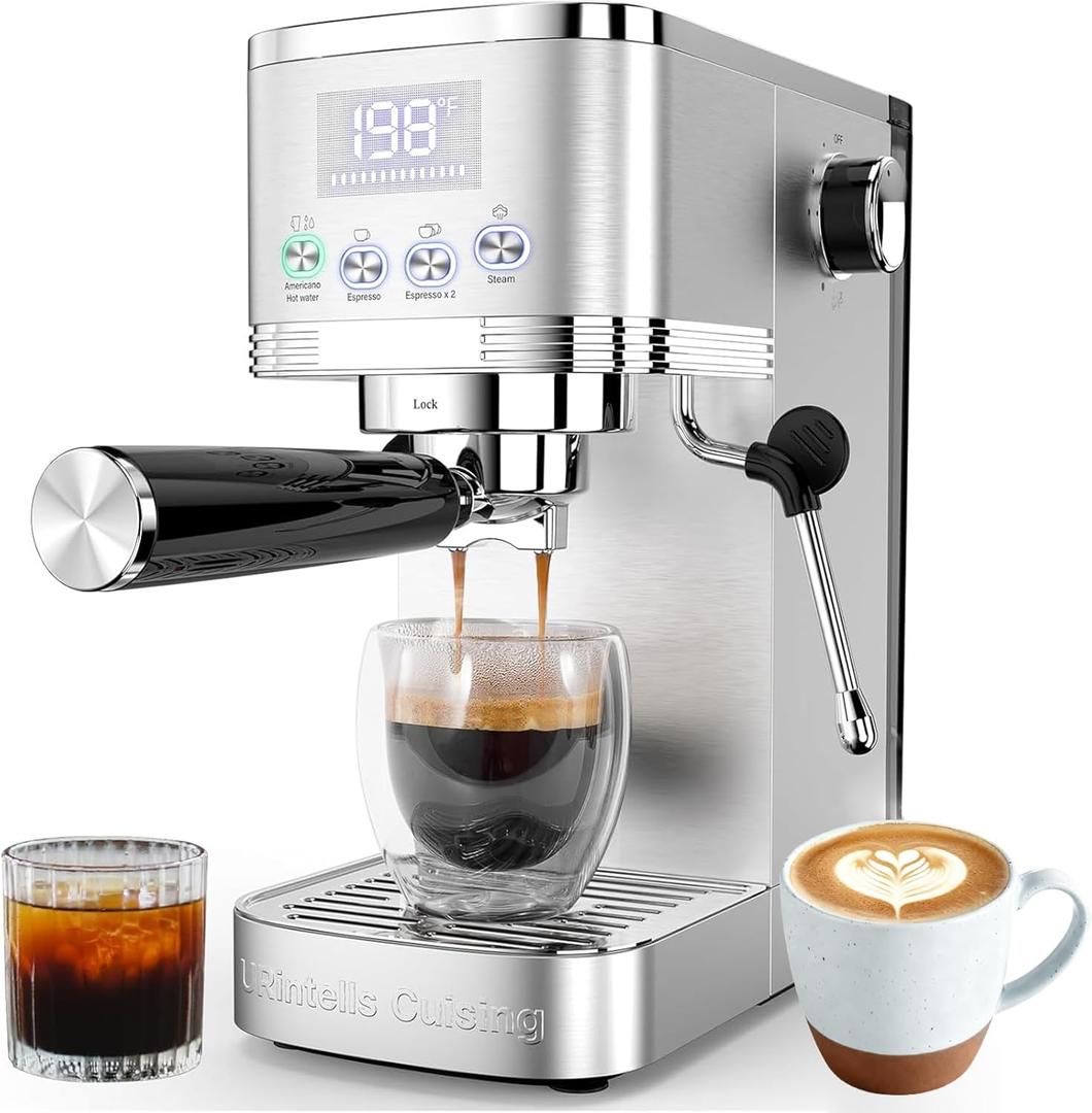 Espresso Machine 20 Bar Espresso Maker with Steam Milk Frother,Temperature Control LED Display Stainless Steel Coffee Machine for Cappuccino Latte,Gift for Coffee Lovers Women and Men (Silver)