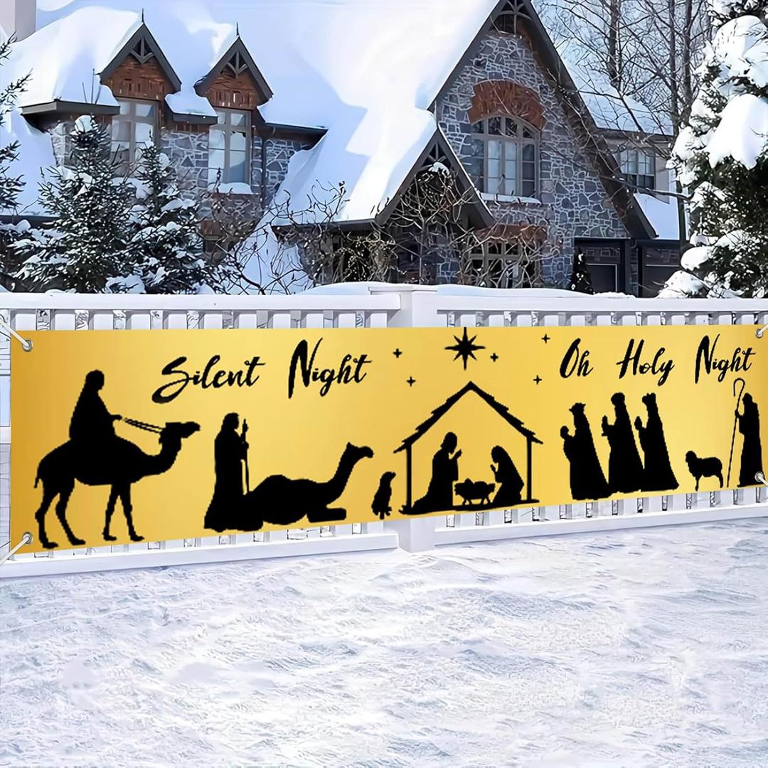 Christmas Banner Night Nativity Banner Holy Scene Decor Backdrop 78x17 Inches Festive Holiday Party Wall Decor Outdoor Indoor Welcome Banner Wall Hanging for Party Decoration Supplies