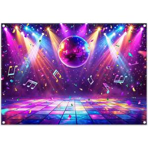 Fabric 7x5ft Disco Stage Photography Backdrop Rainbow Stage Music Retro Colorful Ball Spotlight Rock Notes Background Glow Dance Party Decorations Photo Banner Props