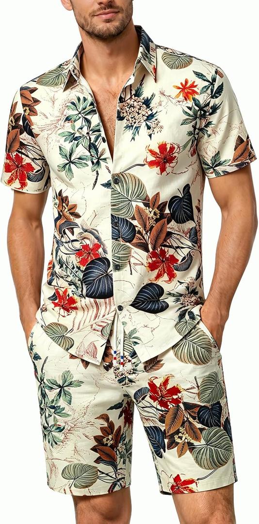 JOGAL Men's Flower Casual Button Down Short Sleeve Hawaiian Shirt Suits (S)