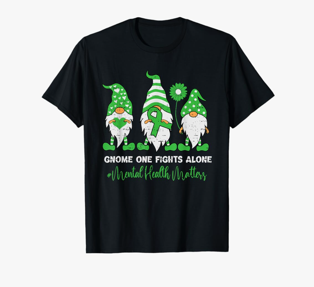 Mental Health Awareness Support Squad Gnome Green Ribbon T-Shirt, Size Large