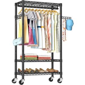 Heavy Duty Clothes Rack Rolling Garment Rack,3 Tier Adjustable Wire Shelving Clothing Racks for Hanging Clothes with Hanger Rod&Side Hooks,Freestanding Wardrobe Storage Rack Metal Portable Closet (3-Tier with 1 Rod(15.75"D x 23.5"W x 72.45"H), Black,Medium-Single Rod)