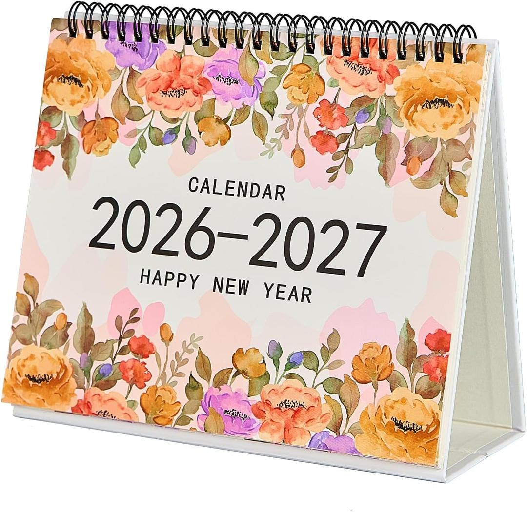 Desk Calendar 2026-2027, Small Desktop Calendar 6.8" x 8"with Floral Design, 18-Month Flip Calendar with Daily Blocks for Teacher, Office & Home, Bonus Stickers