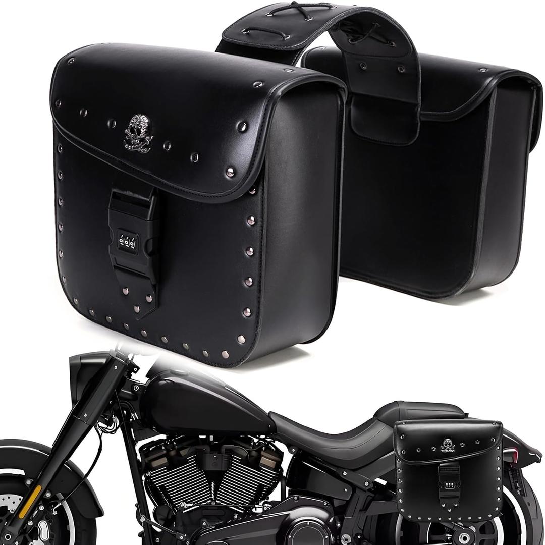 Motorcycle Saddlebags with Secure Lock, 30L Universal Powersports Side Saddle Bags, Waterproof Leather Saddlebag for Harley Sportster Dyna Softail Honda Shadow Rebel Yamaha Kawasaki Vulcan Cruiser