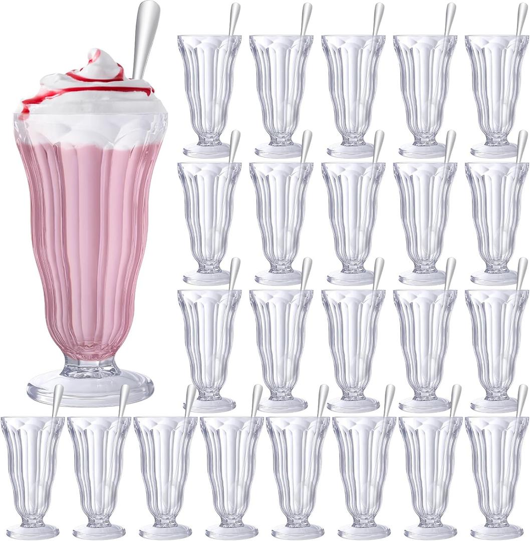 Maxcheck 24 Set Milkshake Glass 17 oz Sundae Glasses with Stainless Steel Spoons Old Fashioned Clear Soda Milkshake Cups Plastic Ice Cream Float Cups for Juice Tropical Drinks Party, 6.6 X 3.5 X 2.7 Inches