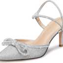 Susanny Women's Closed Toe Rhinstone Wedding Low Heel Slingback Clear Kitten Heels,Adjustable Strap Pointed Toe Bow Pumps High Heeled Prom Dress Shoes (10)