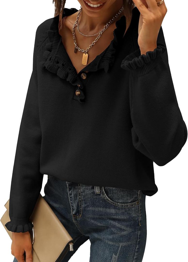 BTFBM Womens Sweaters Fall Winter Clothes 2025 Long Sleeve Button Down Ruffle Crew Neck Casual Knitted Pullover Tops (Large, Solid Black)
