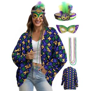 Laqeyko Womens's Outfit for Mardi Gras,6 Pcs Batwing Long Sleeve Open Front Asymmetrical Coat with Mask Headband Necklace,LA261-3-XL