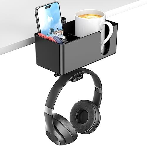 KDD 4 in 1 Desk Cup Holder - Clamp on Under Desk Headphone Hanger - Rotating Headphone Holder Detachable Pen Cup Holder Desktop Storage for Cup, Phone and Pen(Black)