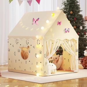 Kids Play Tent, Princess Tent Indoor Playhouse Set with Star Lights, Ball Lights, Colorful Flags, Butterflies - Large Tents for Kids Toddle Castle for Girls Toy House Gift (Beige)