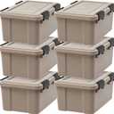 IRIS USA 6-Pack WeatherPro Gasket Box, 19 Quart Weather Resistant Storage Bins with Latching Lids, Heavy Duty Organizing Containers for Closet, Bathroom, and Office - Tan