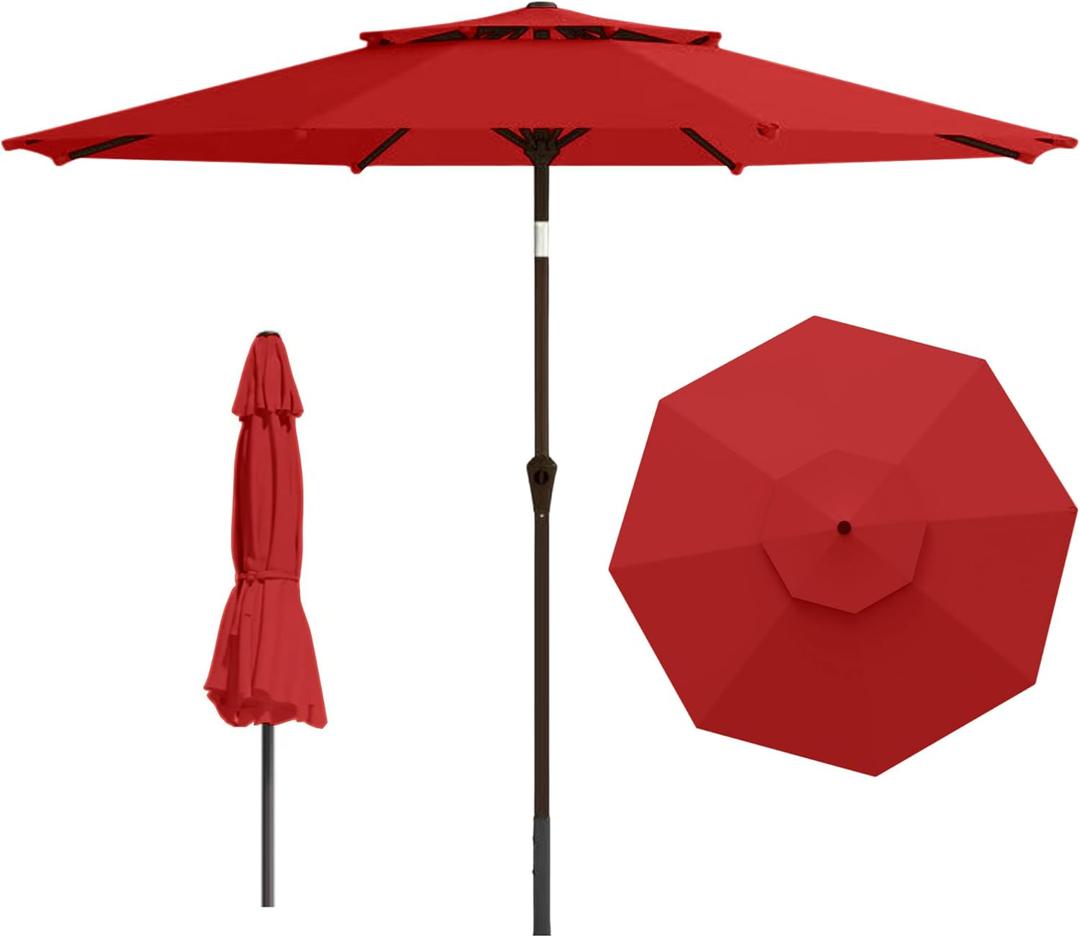 9ft 2-Tiers Patio Umbrella,Outdoor Market Table Umbrella with Push-Button Tilt & Crank | UV Protection,Suit for Backyard,Garden,Pool,Deck(Red)