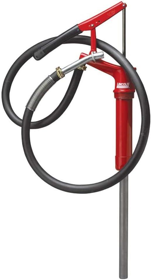 Lincoln 1335 Lever-Action Fluid Transfer Pump, Fits 16- to 55 Gallon Drums, 8.5 Fl. Oz. Per Stroke, 2" Bung, Brass Rings, 6' Removable Hose, Steel Outlet Nozzle, Check Valve, Multi-Position Handle