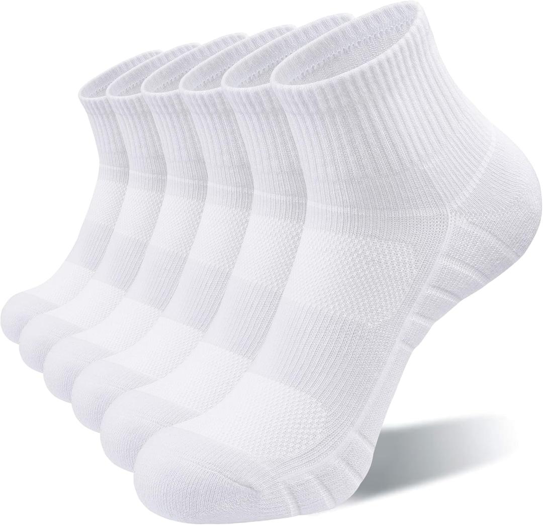 Lapulas Athletic Quarter Socks for Men Women, Cotton Mesh, Cushioned Arch Support, Non-Slip Running Ankle Design, 6 Pack (White, S)