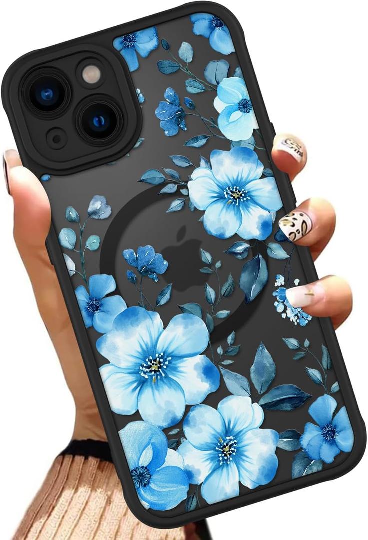 OOK Magnetic Case Fit for iPhone 14 6.1 Inch (Compatible with MagSafe) Soft TPU and Hard PC Phone Cover with Blue Floral Flowers Anti-Scratch Shockproof Protection Case for Women