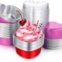 Honeydak 100 Sets Heart Baking Pan Heart Shaped Cake Pan Mini Aluminum Foil 3.4oz Disposable Cupcake Tin with Lids for Wedding Mother's Day Party(Simple Style,Red, Rose Red)