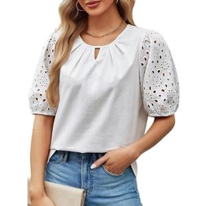SOFIA'S CHOICE Women's Puff Short Sleeve Tops Eyelet Embroidered Blouses Dressy Work Shirts White Small (White, M)