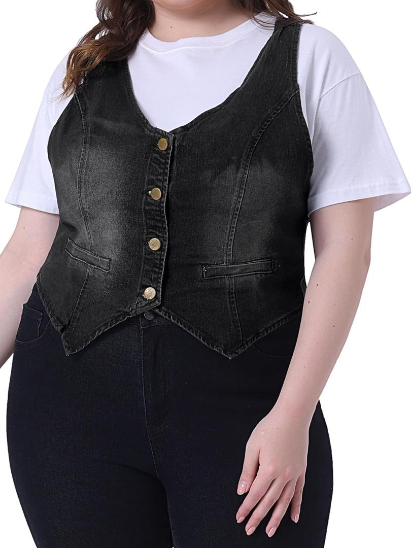 Agnes Orinda Plus Size Denim Vest Top for Women Button Down Waistcoat Casual Sleeveless Jean Jacket Vests (2X, Black)