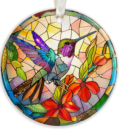 2 x Pawzity Floral Hummingbird - Stained Glass Window Hanging Suncatcher 