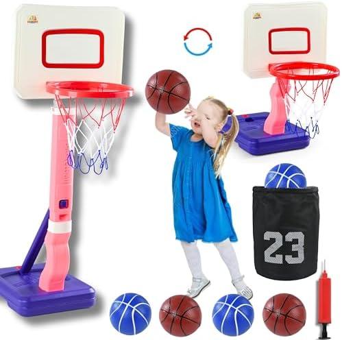 Toddler Kids Basketball Hoop, Height-Adjustable Indoor & Outdoor Portable Basketball Goal for Swimming Pool & Poolside Play, Playset for Boys & Girls with 4 Balls, 1 Gym Bag, 1 Pump, Pink