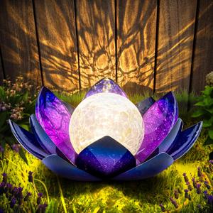 Huaxu Solar Lights for Outdoor Decor, Purple Lotus Flower Light, Waterproof LED Crackle Globe Glass Lamp for Garden, Patio, Yard, Porch, Pathway, Ground, Tabletop Christmas Gifts for Mom, Women