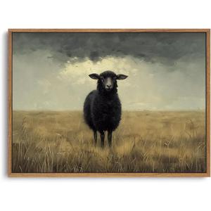 ZZLWBKGL Vintage Black Sheep Framed Wall Art Moody Animal Canvas Wall Art Country Landscape Pictures Decor Farmhouse Cottagecore Art Prints Living Room Study Bedroom (24"L x 16"W)
