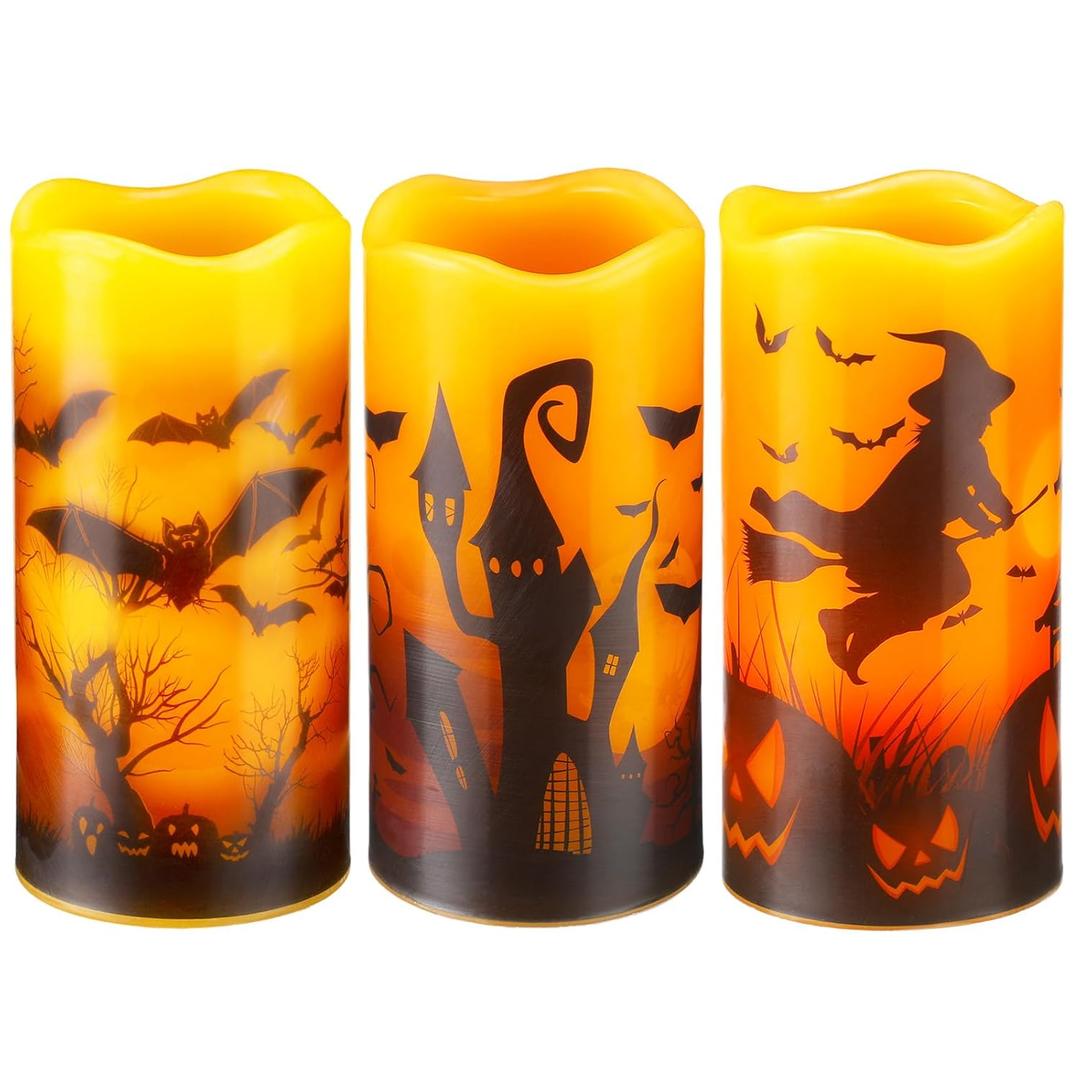 Retisee 3 Pieces Halloween Battery Operated Candles with Timer Real Wax Flickering Flameless Candles Witch Bats Castle LED Candles Electric Candles Halloween Table Decor LED Pillar Candles for Kids