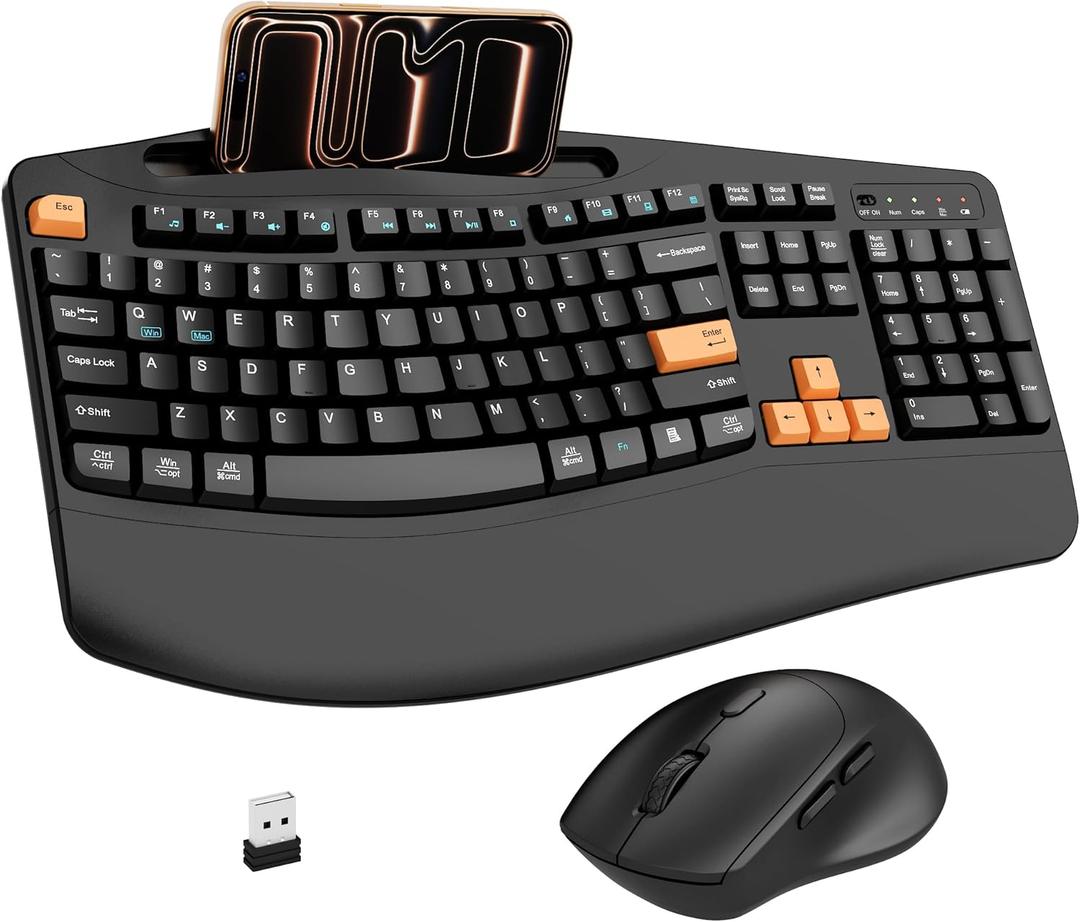 Wireless Keyboard and Mouse Combo, 2.4G Full Size Wave Keys Ergonomic Keyboard with Wrist Rest, Phone Holder, 3-Level DPI Wireless Silent Mouse with 6-Buttons, for Windows, Mac OS (Orange Black)