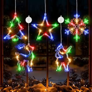 5Pcs Christmas Window Lights, Battery Powered Twinkle Lights Christmas Decorations Indoor Outdoor for Wall Door Porch Balcony Glass Decor with Suction Cup & Timer
