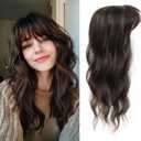 Hair Topper, 360 3D Hair Toppers for Women with Thinning Crown, 18 Inch Long Wavy Curly Hair Pieces Clip in Bangs (Dark Brown Mixed Chestnut, 18 inch, French Bangs)