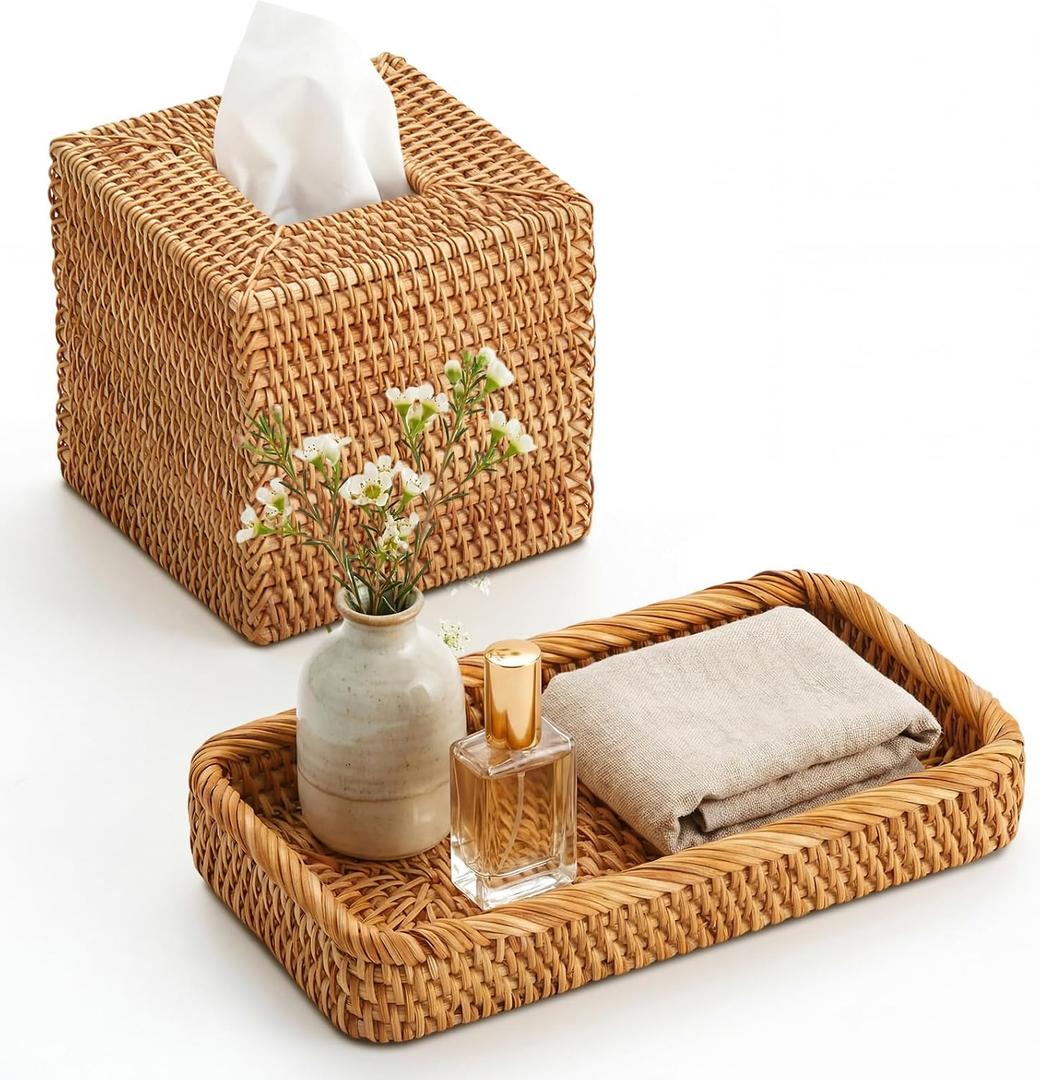 Teenyyou 2 Pcs Rattan Toilet Vanity Tray & Square Tissue Box Cover Set, Handwoven Natural Wicker Countertop Organizer, Decorative Storage for Bathroom, Bedroom, Kitchen & Office(Natural Color)