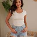 Women Shirts Crew Neck Ribbed Slim Fitted Side Ruched Basic Tops for Woman Cap Sleeve Summer Casual T Shirts Apricot L (L)