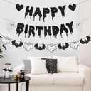 2 x Halloween Birthday Party Decorations Glitter Happy Birthday Banner Horror Movie Decor Supplies Scream Theme Party Favors(Black)