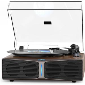 RetroAudio Vinyl Record Player with Built-in Speakers, Bluetooth 5.4 Input Turntable for Vinyl Records, Magnetic Cartridge, 33/45 RPM Belt Drive, RCA Out, Adjustable 3-Level Light Bar, Walnut Brown