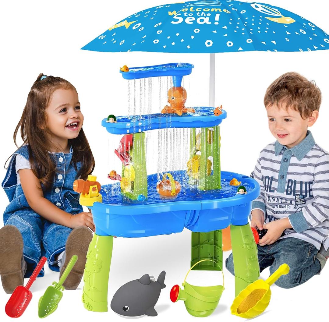 BELLOCHIDDO Water and Sand Table with Water Pumb & Umbrella - Summer Toys 3-Tier Kids Water Play Table, Outdoor Toys for Boys Girls (Blue)