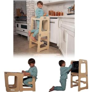 Avenlur Date 4-in-1 Foldable Tower - Toddler Step Stool with Chalkboard, Desk and Chair - Montessori and Waldorf Style Stool for Ages 18 Months to 6 Years (Natural)