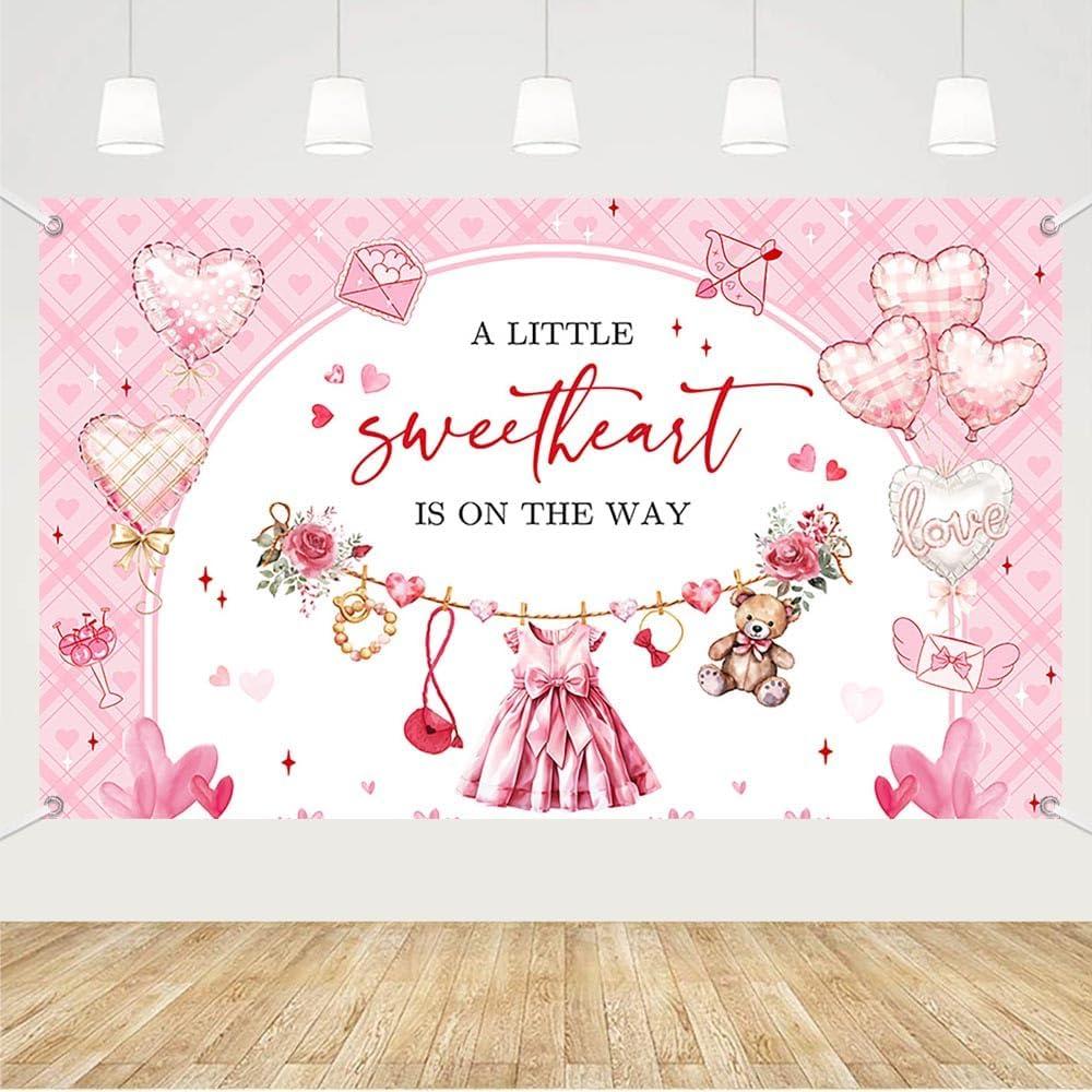 MEHOFOND 6x3.6ft Valentines Day Baby Shower Backdrop, A Little Sweetheart is on The Way Baby Shower Banner Background, Pink Valentine Day Gender Reveal Party Banner for Girls Photo Booth Props