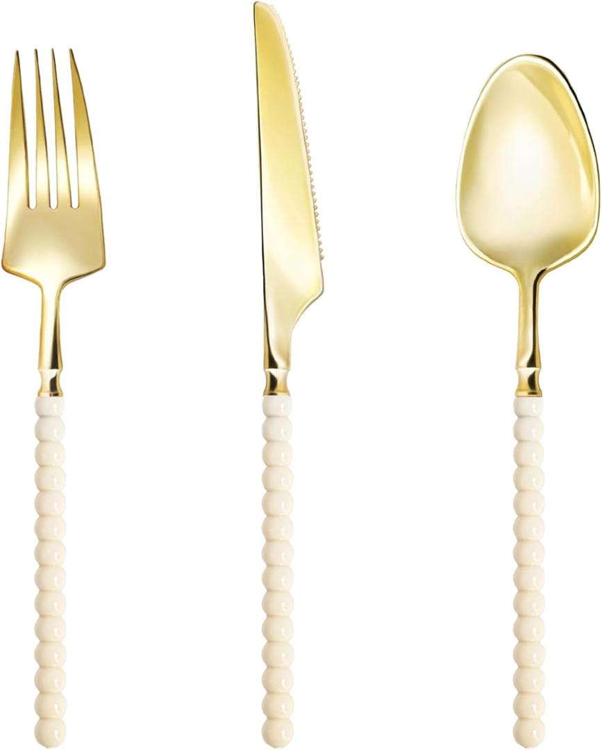 150 Pcs Gold Plastic Silverware,Gold Plastic Utensils with Ivory Beads Handle,Fancy Disposable Cutlery Set Include 50 Forks 50 Knives 50 Spoons for Party & Wedding