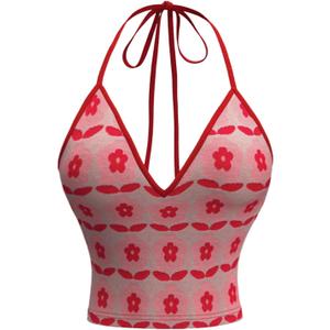 MakeMeChic Women's Floral Halter Crop Tops V Neck Tie Open Back Sleeveless Y2k Tank Tops (Red, M)