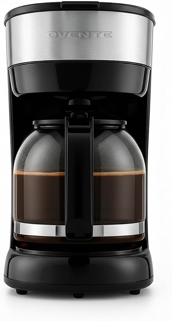 OVENTE 12-Cup Drip Coffee Maker with Borosilicate Glass Carafe, One-Touch Operation Machine, Anti-Drip System, Reusable Filter and Clear View Water Level Gauge, Ideal for Home or Office, Black 