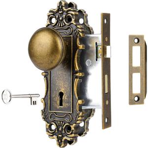 Mortise Lock Set for Interior Door, Antique Brass Door Knob with Lock and Skeleton Key, Antique Old Style Door Knob Lock Replacement, Vintage Mortise Door Knobs for Interior Doors