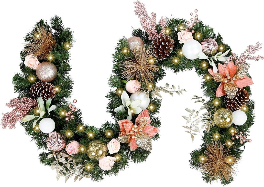 WBHome Pre-lit 6 Feet/ 72 Inch Christmas Garland, Rose Gold Lighted Garland with 35 LED Lights for Indoor Outdoor Xmas Decor Holiday Decorations, Battery Operated (Batteries NOT Included)