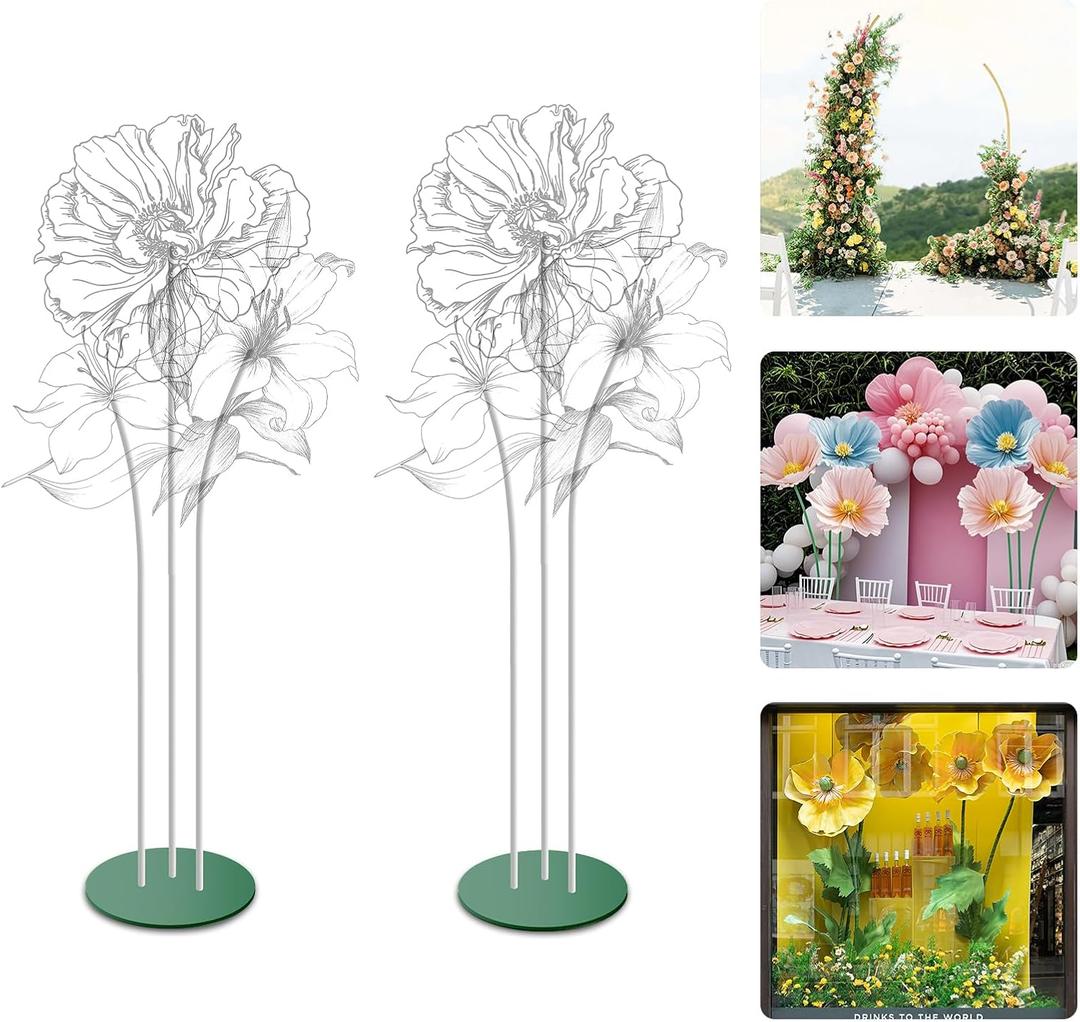Mverse Giant Flower Stand Base and Stem, Weighted Iron Base, Flexible Pole, 3 Bendable Aluminum Pipes and Pins for DIY Paper Flowers, Wedding Arch, Party Backdrop (2 Set)