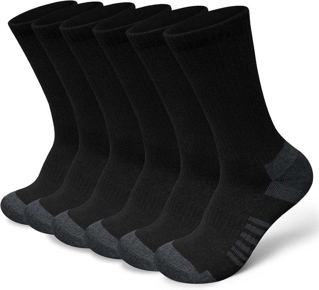 Cotton Crew Socks for Work Hiking, Thermal Warm Winter Boot Sock Cushioned Moisture Athletic Sports Running (6 Pairs) (X-Large, Black)