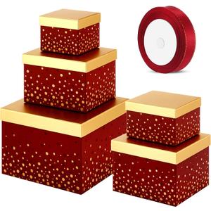 Teenyyou 5 Valentine's Day Burgundy Square Nesting Boxes Decorative Gift Boxes with Lid and Ribbon 5 Assorted Sizes Wrap for Valentine, Anniversary, Birthday