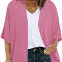 Eytino Women Plus Size Lightweight Cardigan Half Sleeve Ribbed Knit Kimono Cardigans Tops(1X-5X) (Pink)