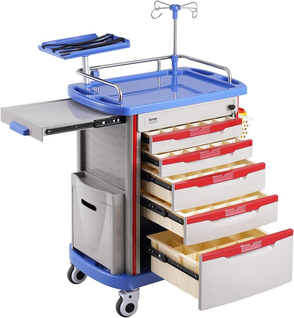 VEVOR Medical Crash Cart, Nursing Emergency Rolling Cart with 5 Drawers & 4 Silent Wheels, Adjust IV Pole, Needle Disposal Holder, Trash Bin, O2 Holder, Mobile Trolley for Hospital, Clinic, Lab, Salon