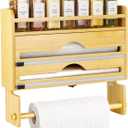 Foil and Plastic Wrap Organizer, Bamboo Aluminum Foil Dispenser with Paper Towel Holder, Compatible with Foil, Wax Paper, Kitchen Paper Towel and Spice Jars