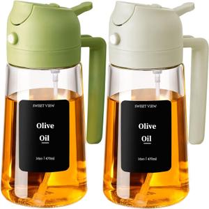 SWEET VIEW 2PCS Oil Sprayer for Cooking, 16oz/470ml Glass Oil Dispenser/Pour Bottle, Kitchen Accessories, Kitchen Gadgets for Air Fryer, Salad, BBQ, with Stickers (Green,White)