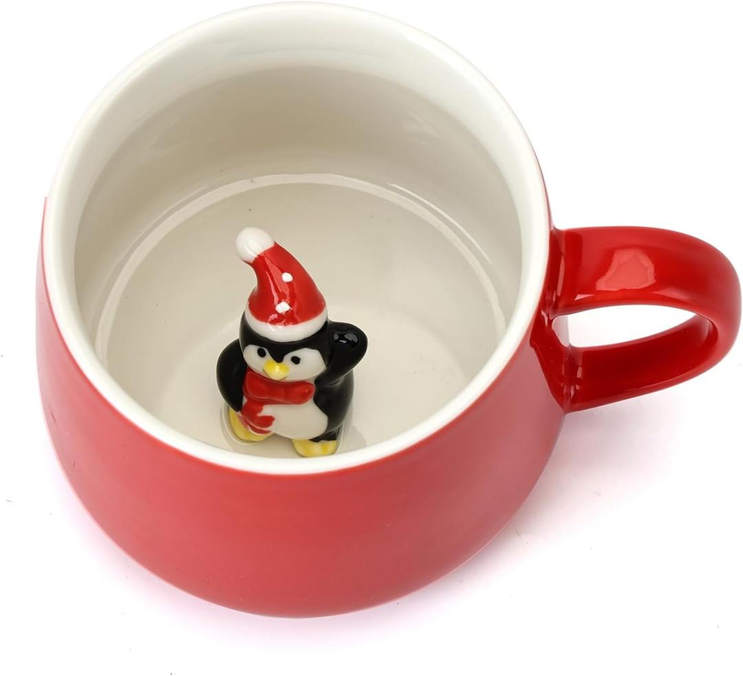 2 x Cute Penguin Ceramic Coffee Mug Hidden 3D Animal In Cup Ideal Creative Holiday Gifts Christmas and Birthday Gifts for Animal Lovers Family Kids Friends Colleagues 12OZ (Black and Red)